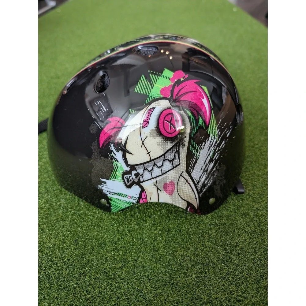 Punisher Jinx Skateboard/Skate Helmet Black with Pink & Green Graphic Design